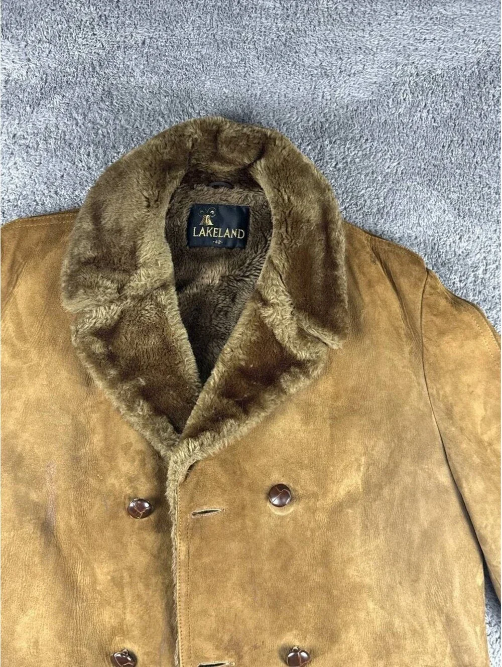Vintage Lakeland Shearling Leather Coat Mens 42 Brown Fur Lined Jacket